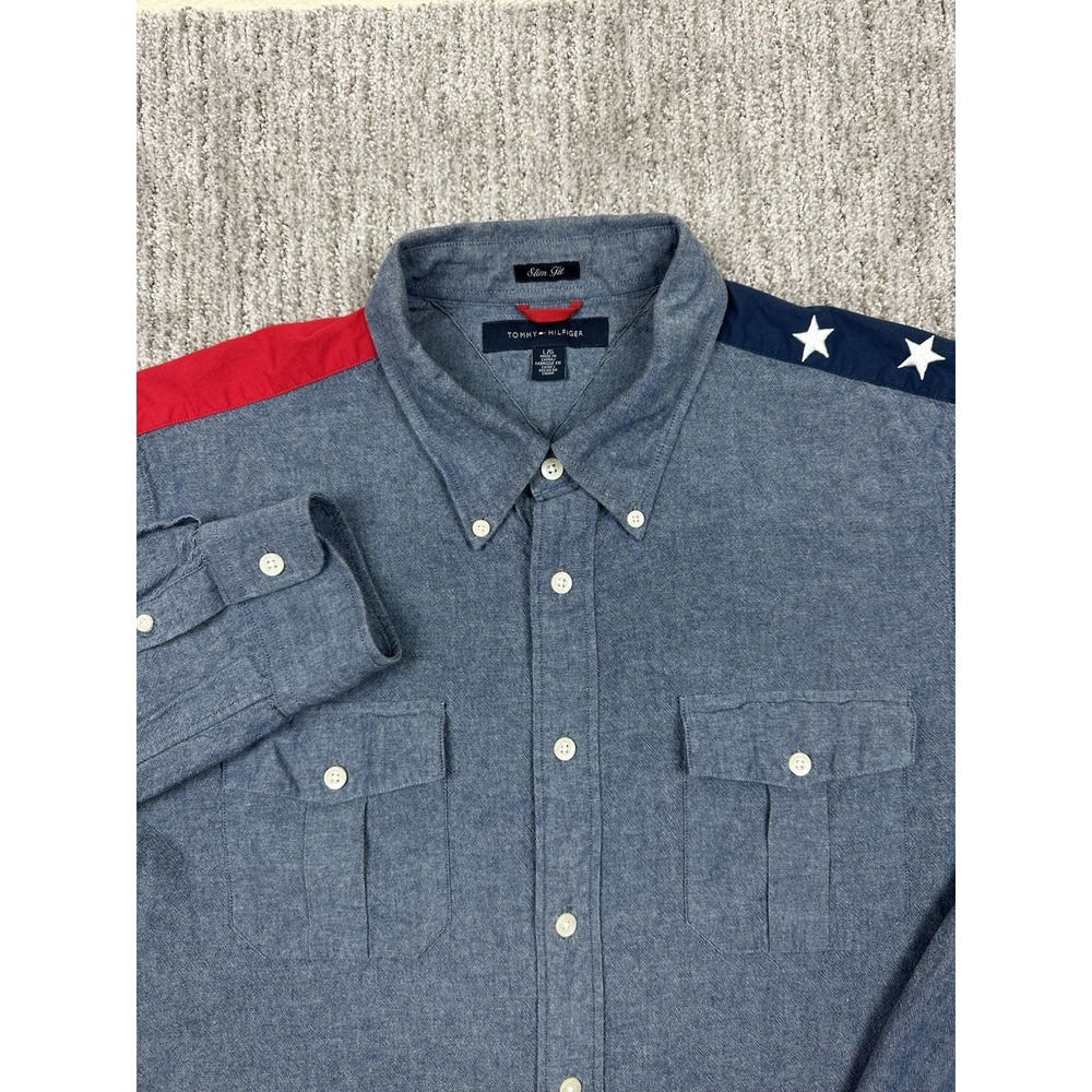 Tommy Hilfiger Button Down USA American Flag Patriotic Slim Fit L Denim Shirt